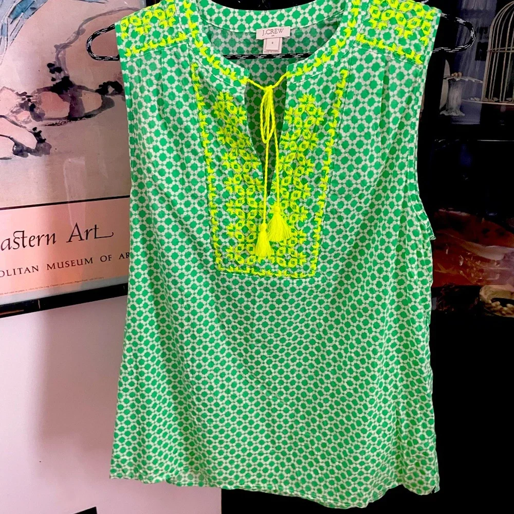 J. Crew Green and Yellow Patterned Blouse